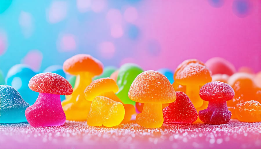 A variety of colorful mushroom gummies displayed on a table