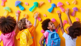 Energetic students enjoying colorful mushroom gummies in a school setting, embodying themes of wellness and cognitive enhancement.