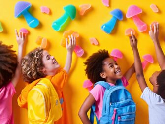 Energetic students enjoying colorful mushroom gummies in a school setting, embodying themes of wellness and cognitive enhancement.