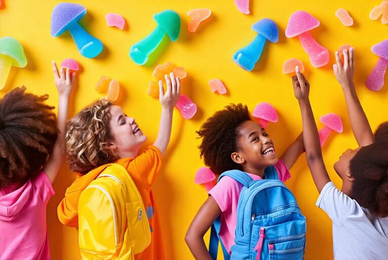 Energetic students enjoying colorful mushroom gummies in a school setting, embodying themes of wellness and cognitive enhancement.