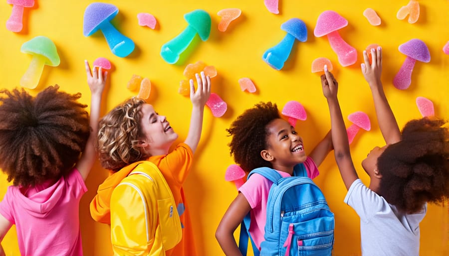 Energetic students enjoying colorful mushroom gummies in a school setting, embodying themes of wellness and cognitive enhancement.