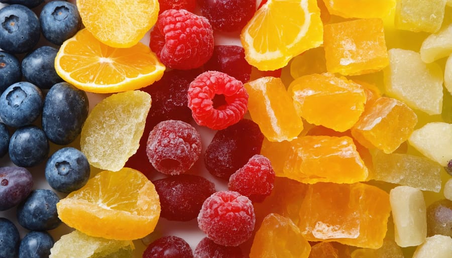 Various freeze-dried candies showing vibrant fruit colors