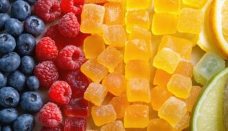 A colorful arrangement of freeze-dried fruit candies, capturing their vibrant appearance and natural appeal for active children seeking a healthy snack option.